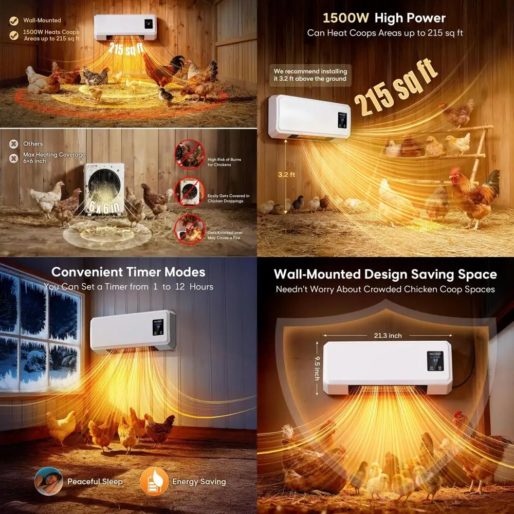 Winter Dual-Mode Chicken Coop Heater: 1500W Wall-Mounted with Timer & Remote, Fast Heating & Large LCD Display for Chickens, Duc
