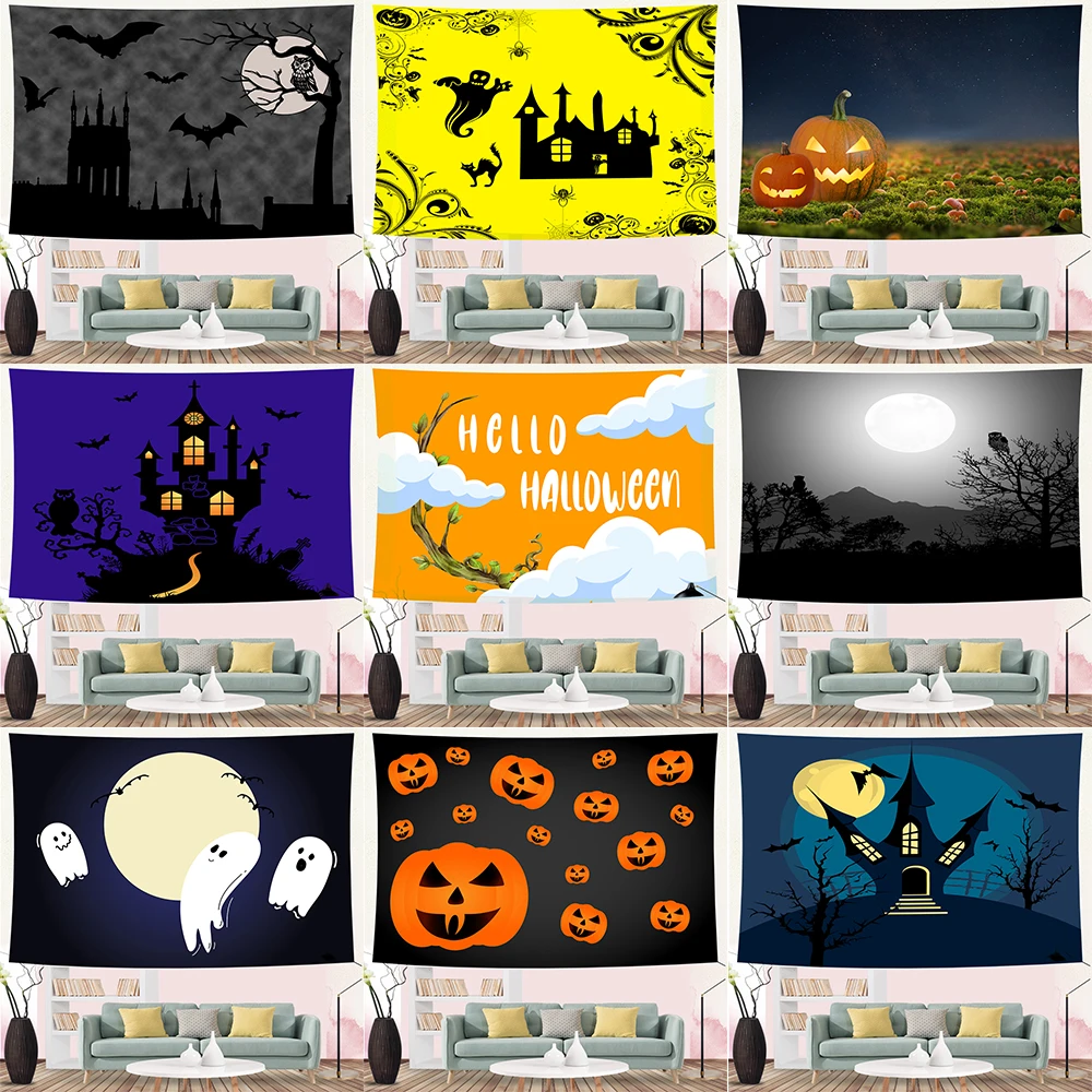 Horror Pumpkin Castle Halloween Series Printed Tapestry Home Living Room Bedroom Wall Decoration Background Fabric 