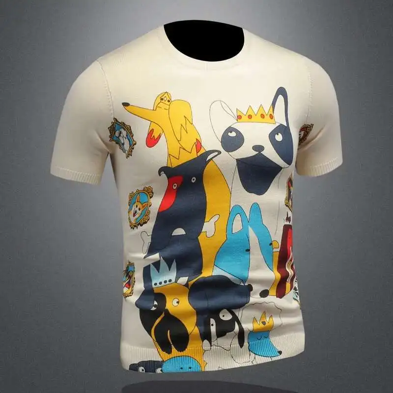 Spring Anime Patterns Knitted Short Sleeved T-shirt Men Short Sleeved Tee Shirt Homme Hot Diamond Half Sleeve Knitted Sweater