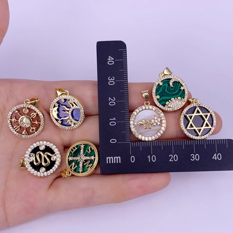 Round Necklace Pendant Lapis Lazuli Compass Star Of David Moon Zircon Copper Gold Plated Charms Jewelry Accessories