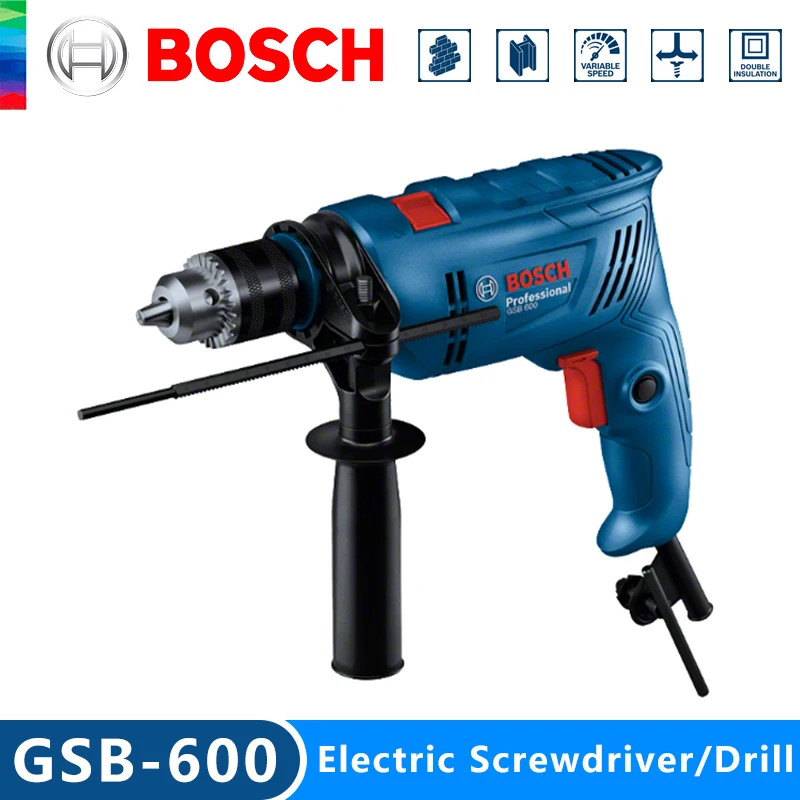 Bosch GSB 600 Electric Drill 600W Wired Impact Driller 48000bpm High Power Drilling Power Tool for Wood Steel Concrete Brick