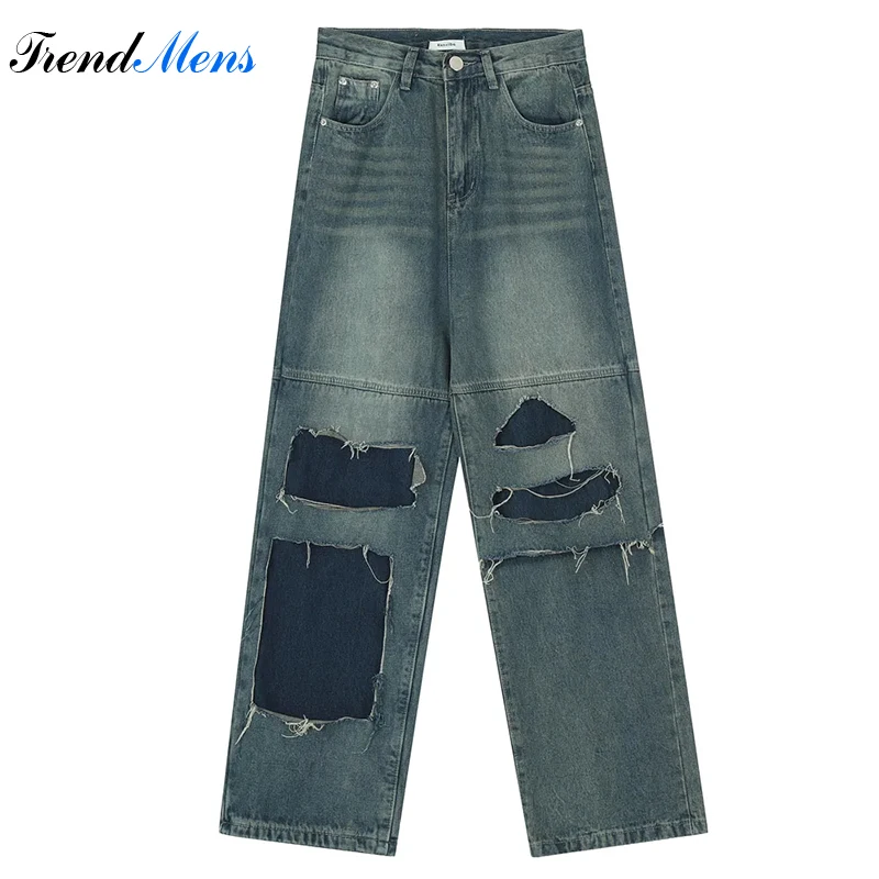 

Men Jeans Casual Baggy Pants Straight-leg Trousers Hole Patch Pantalon Homme Streetwear Y2k Ropa Hombre Kanye Youthful Vitality