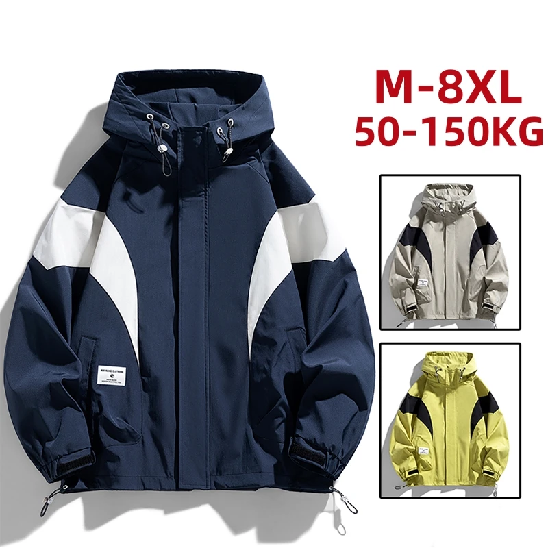 Men Jacket Hooded Windbreaker Oversize 6XL 7XL 8XL Plus Size Waterproof Black Bomber Camping Coats Loose Male Zipper Softshell