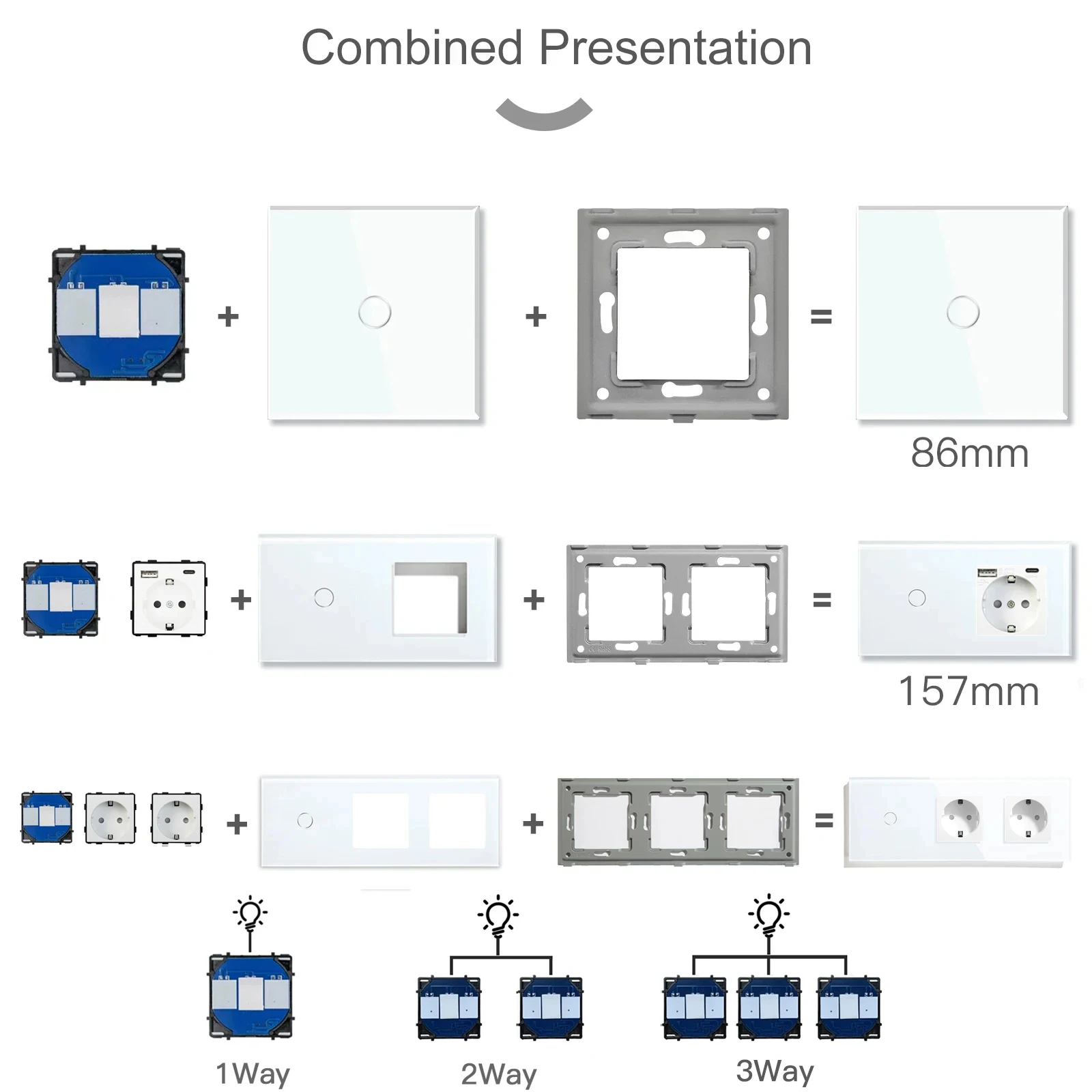 BSEED 1/2/3Gang Touch Light Switches 1/2/3Way Function Parts EU Wall Socket USB Type-c Plug Glass Panel DIY Part Free Combine