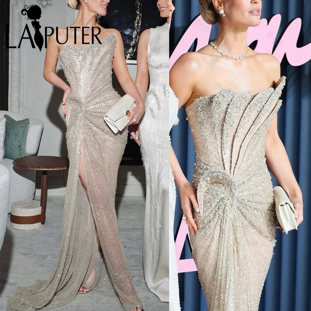 

Silver Sexy Mermaid Evening Dresses Sequined Lace Fit Body Prom Dress Beaded Crystals Shell Ruching Split Woman Formal Dress New