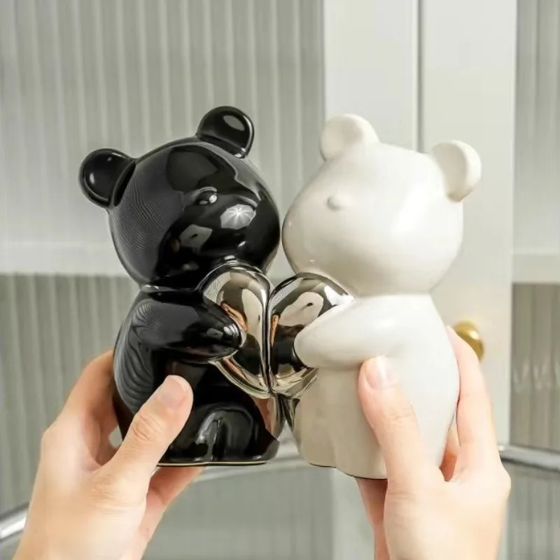 A Pair of Embracing Bears, Ceramic Bookshelf, Minimalist Decorative Statue in The Living Room, TV Stand, and Office Desk