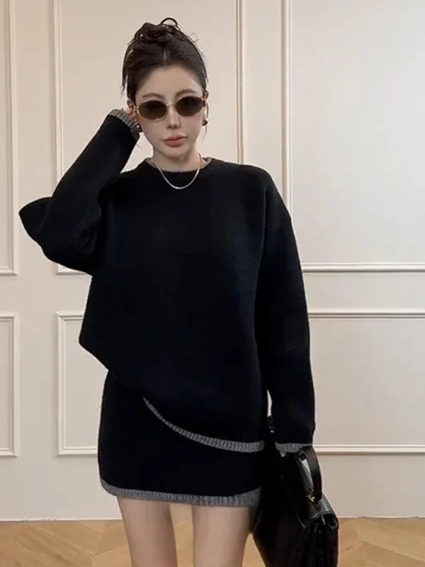 

Early Spring Lazy Style Color Block round Neck Knitted Wrap Body Short Skirt Women's Two Piece Set Elegant Dressing Whole Set