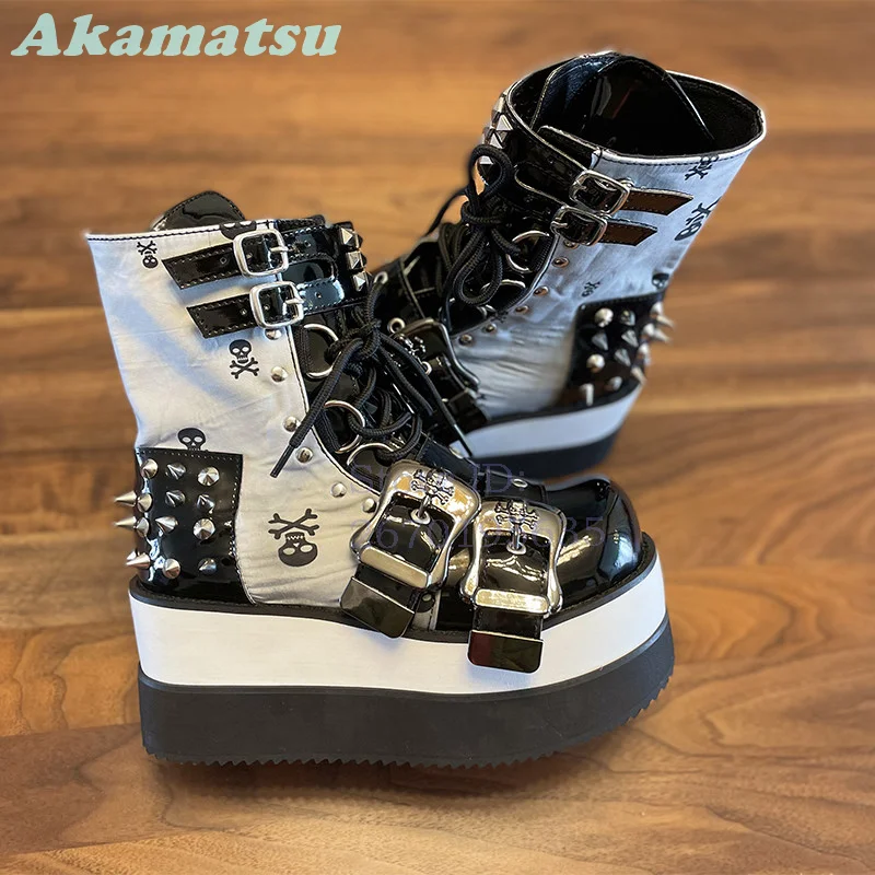 Gothic Skull Print Platform Ankle Boots Spiked Buckle Lace Up Patent Leather Punk Wedge Boots 2026 Summer Women Studded Shoes