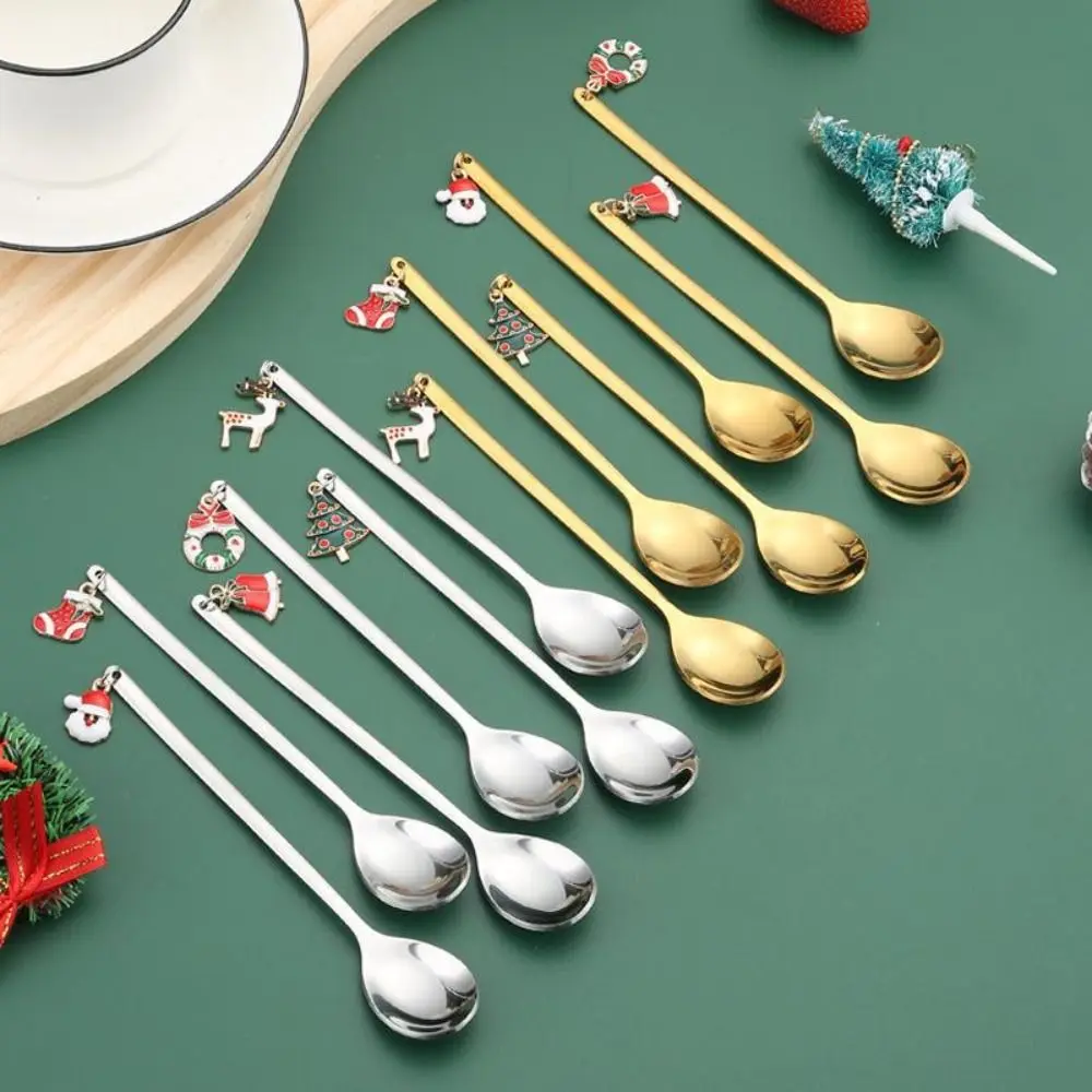 Stainless Steel Christmas Spoon Set Elk Pendant Creative Tableware Tea Spoon Exquisite Craft Party Ornament Style Dessert Spoon
