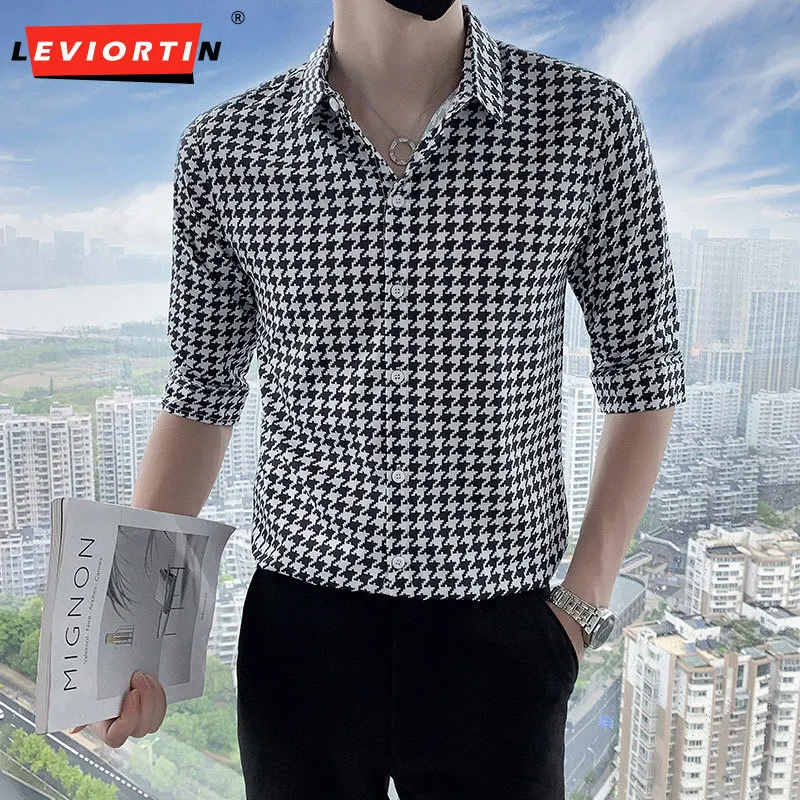 

Camisa Masculina Summer Fashion Houndstooth Print Half Sleeve Tuxedo Shirts For Men Clothing 2024 Slim Fit Casual Chemise Homme