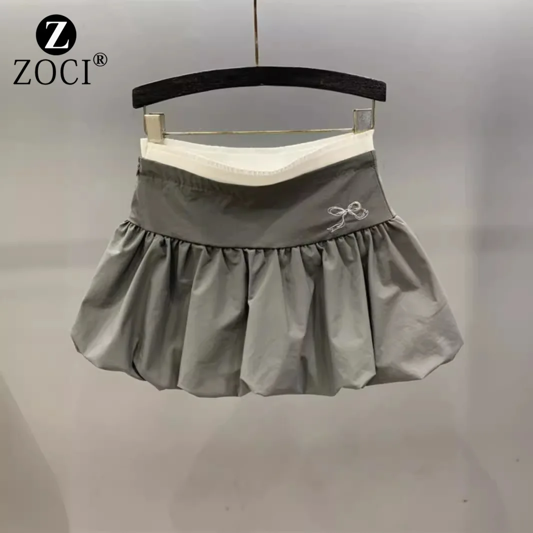 [ZOCI] 2024 Summer New Spliced Pleated Design, Niche Fluffy Flower Bud Skirt, A-line High Waisted Girl Casual Short Skirt