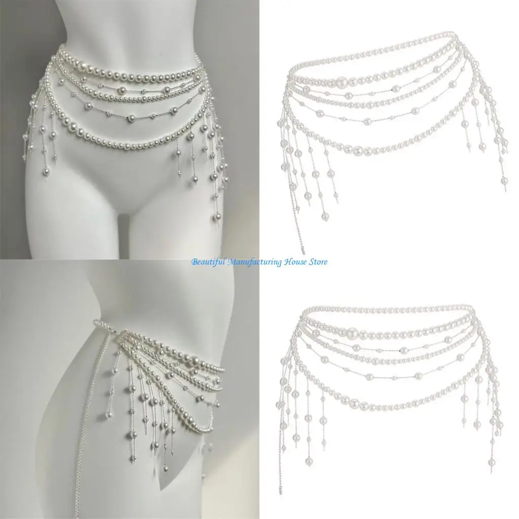 E56A Multitier Pearls Fringe Body Chain Belt for Women Vintage 90s Costume Jewelry Waist Decoration for Evening Gowns