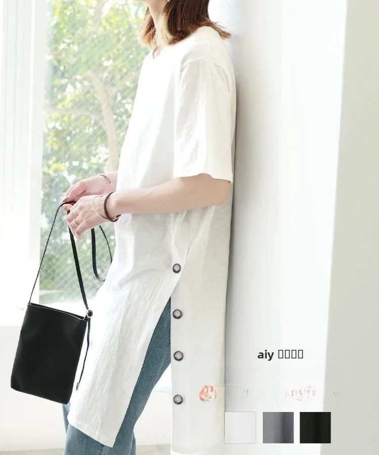 루즈핏 일본 스타일 티셔츠, 버튼업 코튼 린넨 미디 드레스, 사이드 슬릿, 클래식 라운드넥 여름 드레스