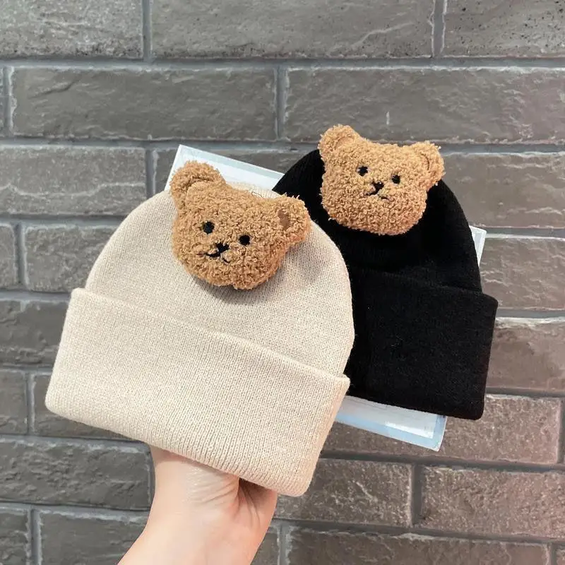 Urso bonito gorro de malha para bebê recém-nascido, boné infantil, chapéus macios de crochê, cor sólida, coreano, menina, menino, outono, inverno