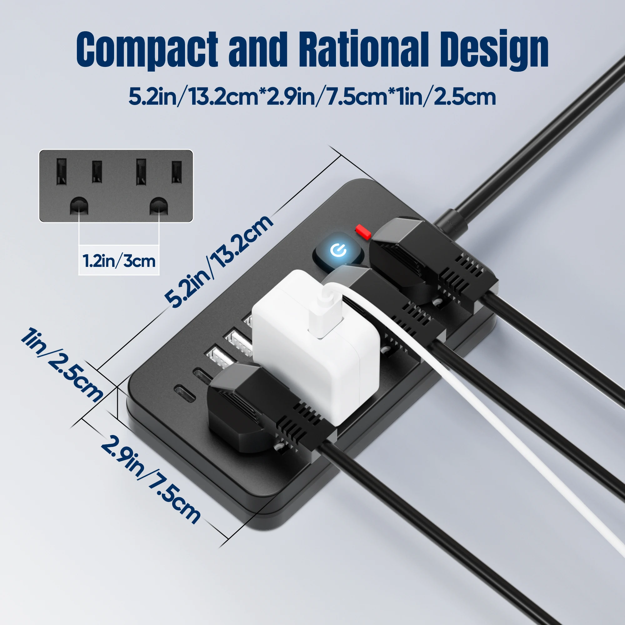 10-in-1 US Power Outlet, Extension Cord, 10ft Corded Power Outlet Surge Protector, 4 AC Outlets, 4 USB 2 Type-C, Desktop Chargin