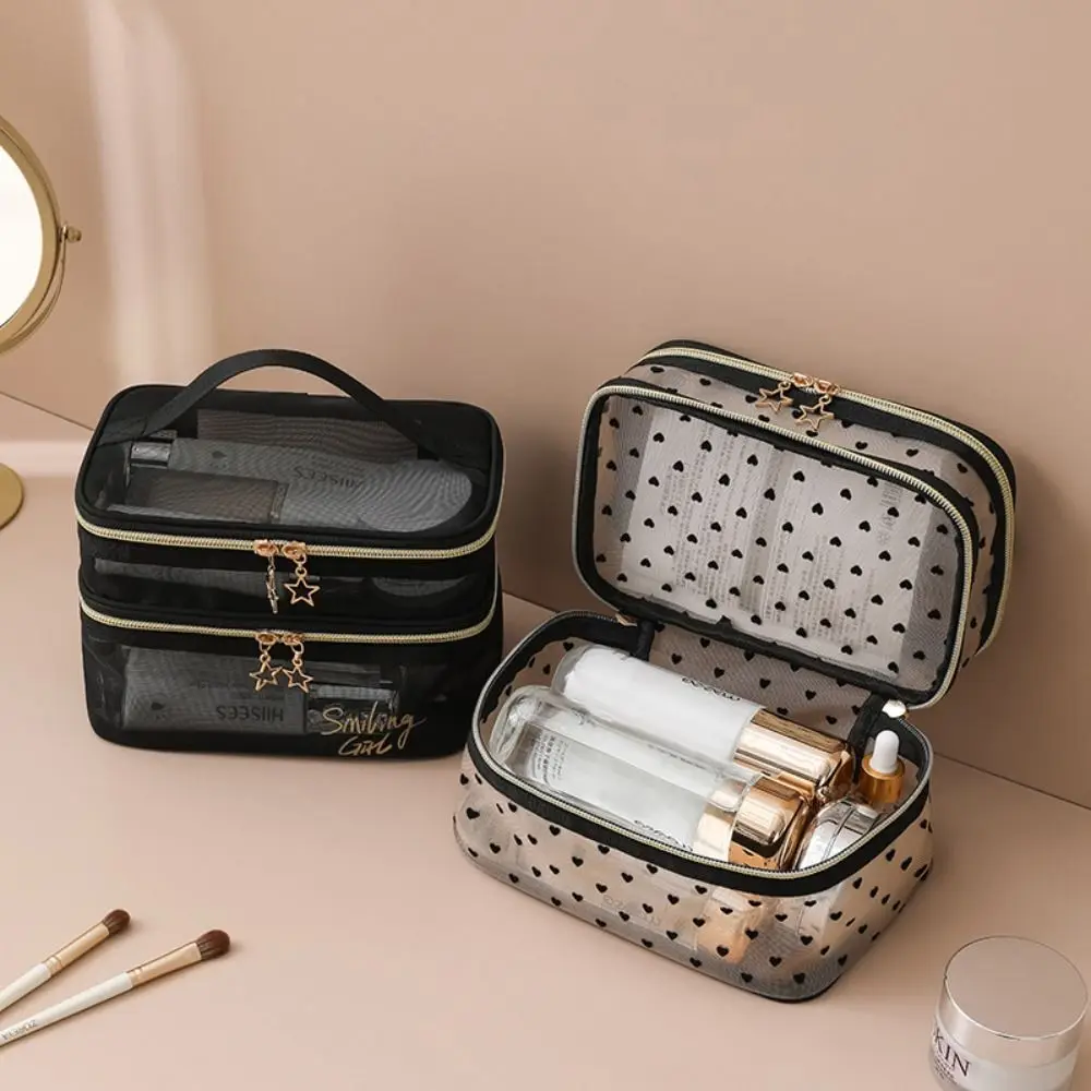 

Portable Nylon Makeup Bag Double-layers Black Grey Nude Travel Cosmetic Bag Large Capacity Toiletry Bag Travel