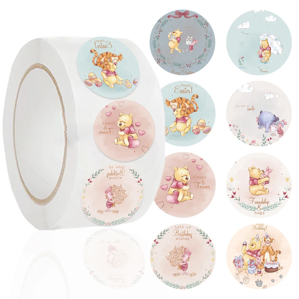 500pcs/Roll Disney Cartoon Winnie The Pooh Stickers Anime Pooh Bear Piglet Tigger DecalsWaterproof Decorations Sealing Labels