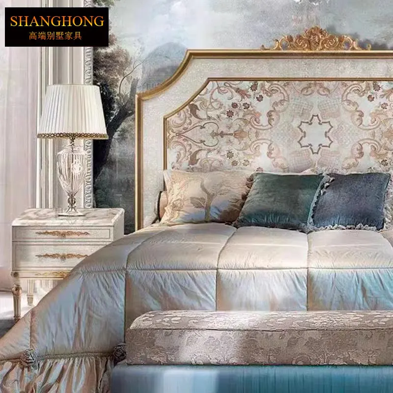 French Double Bed English Solid Wood Carving Flower Shell Inlaid Bedroom Fabric Princess  Wedding  European Luxury