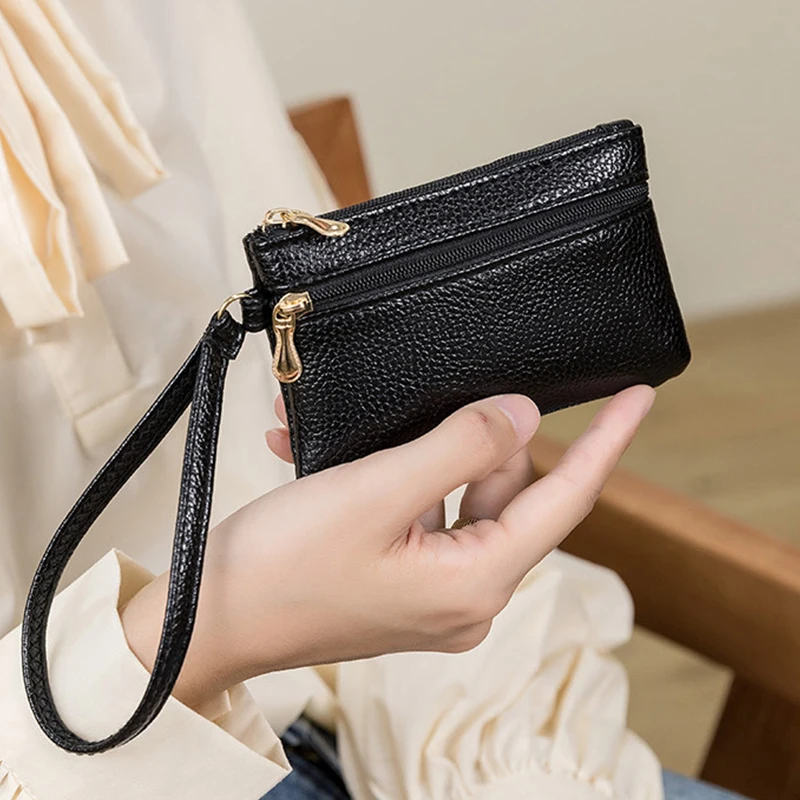 Coin Purses Woman Double Zipper Portable PU Leather Solid Color Large Capacity Card Coin Storage Bag Wholesale