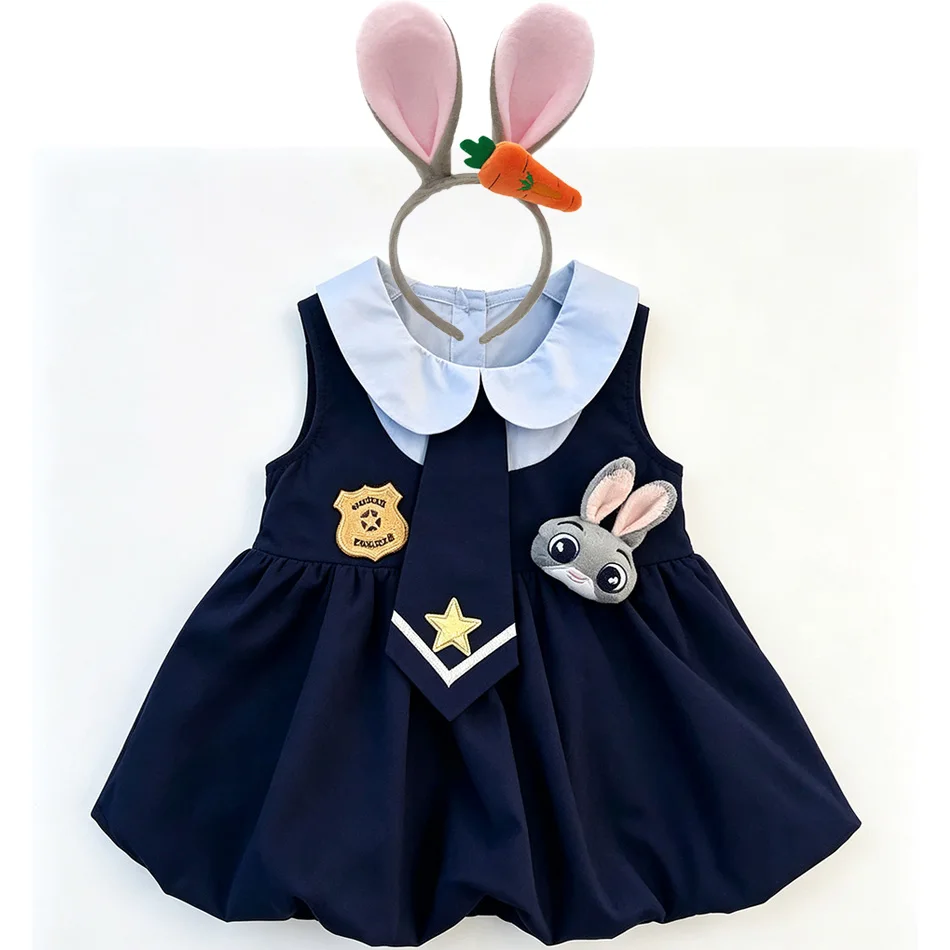 Toddler Cute Rabbit Dress Navy Peter Pan Collar Judy Decor Puff Bud Skirt Kids Cartoon Outfit for Birthday Party Daily Wear