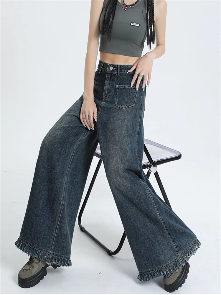 

Women's Loose Wide Leg Burr Edge Jeans Young Girl Street Straight Bottoms Vintage Casual Trousers Female Baggy High Waisted Pant