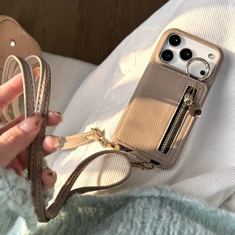 

Роскошный кожаный чехол с ремешком через плечо для iPhone 11, 12, 13, 14, 15, 16, 17 Pro Max, воздушный магнитный чехол-кошелек на молнии с отделениями для карт и подставкой