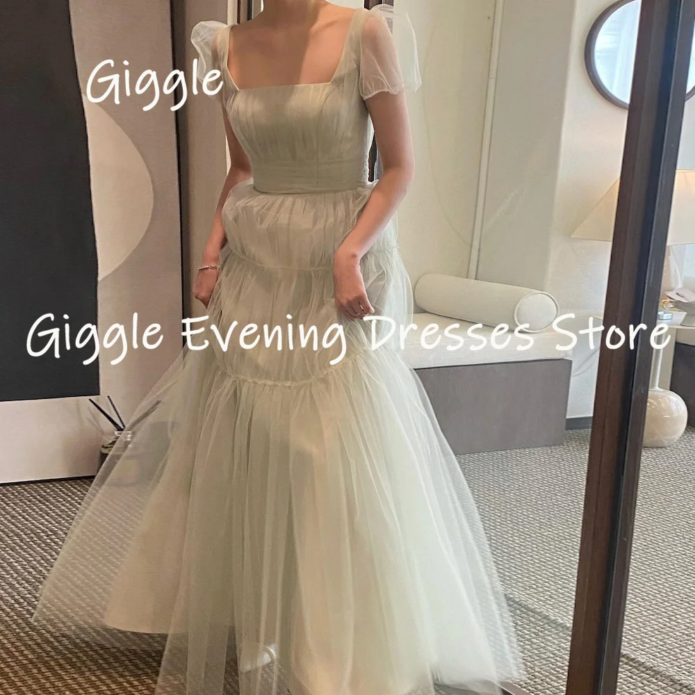 

Giggle Tulle Square Neckline Ruffle Popular Evening Dresses Short Sleeves Zipper Back Dresses for Prom Bride Dress