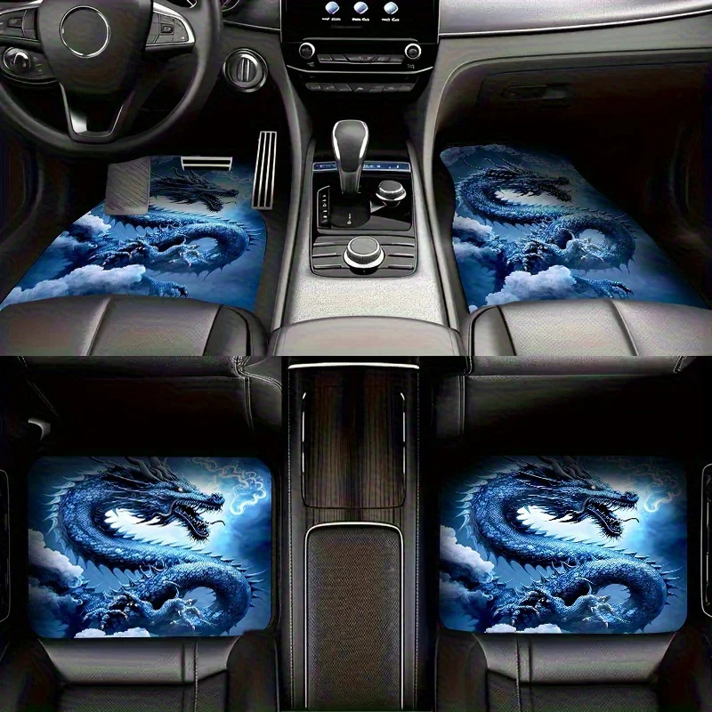 

4pcs Blue Dragon Pattern Floor Mat Set - Universal Fit For Front And Rear, Full Coverage Car Interior Accessories, Crystal Velve