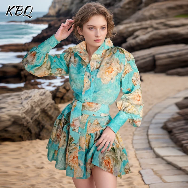 

KBQ Floral Prinitng Short Dresses For Women Stand Collar Sleeve High Waist Patchwork Single Breasted Slimming Dress Female New