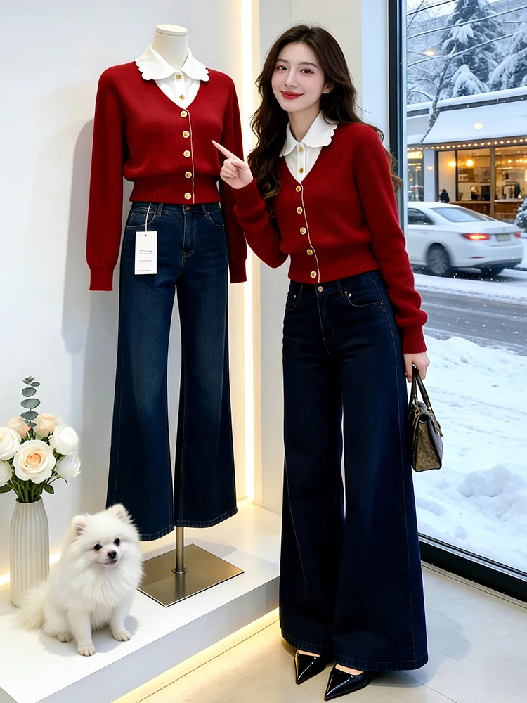 

Весенний женский вязаный свитер с воротником, дизайн с цветовыми блоками, универсальный, повседневный, с длинным рукавом, дышащий, комфортный трикотаж (коллекция Весна 2026)