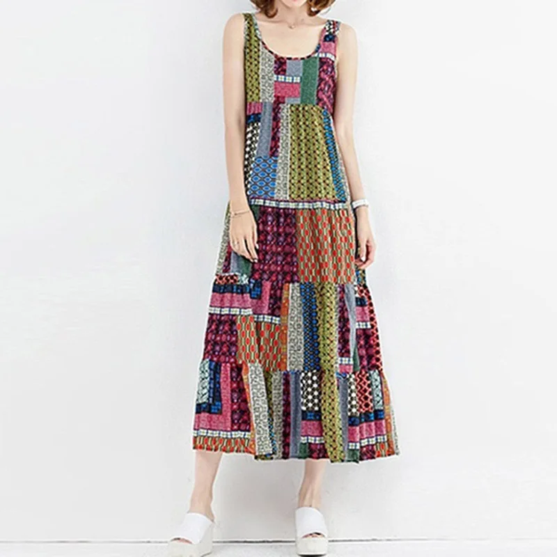Bohemian O-neck Sleeveless Loose Waist Vintage Fashion Dress Straight Print Retro Patchwork Summer Mid Calf Women Female 2022