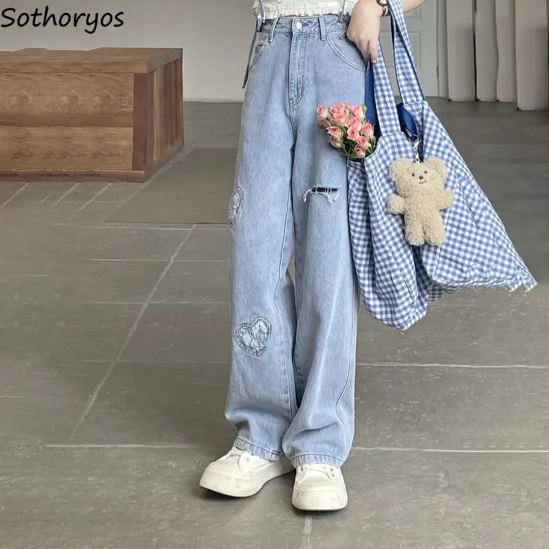 

Denim Jeans Women Ripped Holes Summer Lace Patchwork Sweet Strap Minimalist S-4XL Straight Trousers Old Fashion Korean All-match