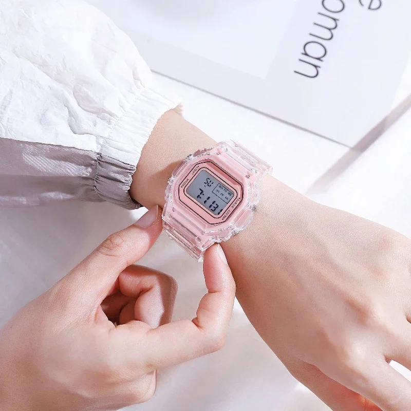 Jam tangan elektronik transparan Fashion baru jam tangan wanita LED tahan air olahraga jam tangan elektronik permen multiwarna hadiah siswa