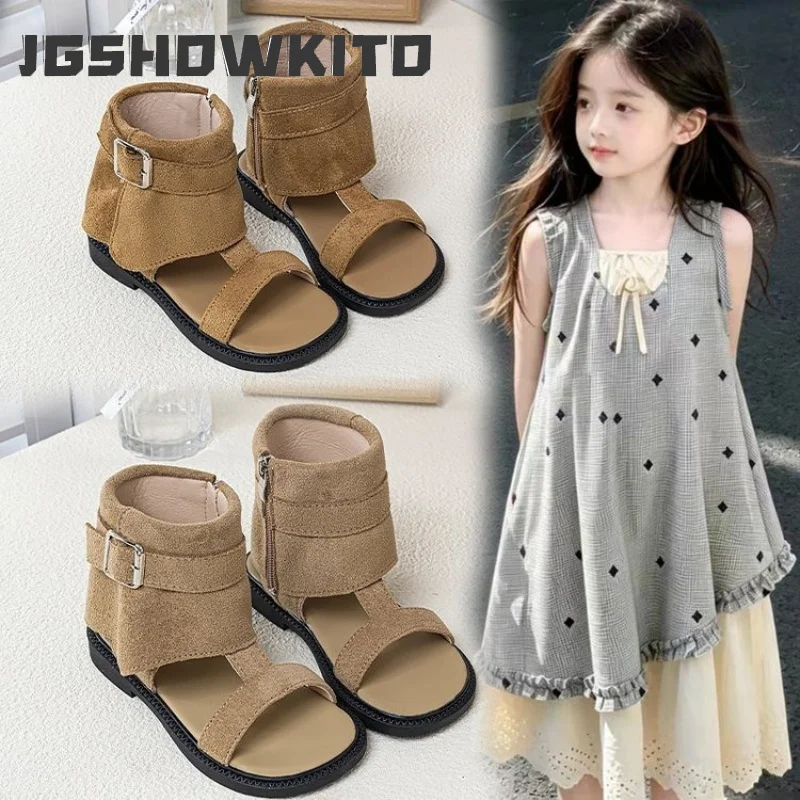 JGSHOWKITO Retro Kids Summer Roman Sandals Solid Color Fashion Girls High-top Sandals Causal Flat Children's Gladiator Sandals