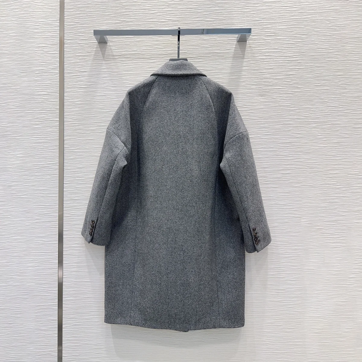 2026 Women Grey Herringbone Wool Blend Coat Loose Lapel Double Breasted Mid Length Wool Overcoat 26102310