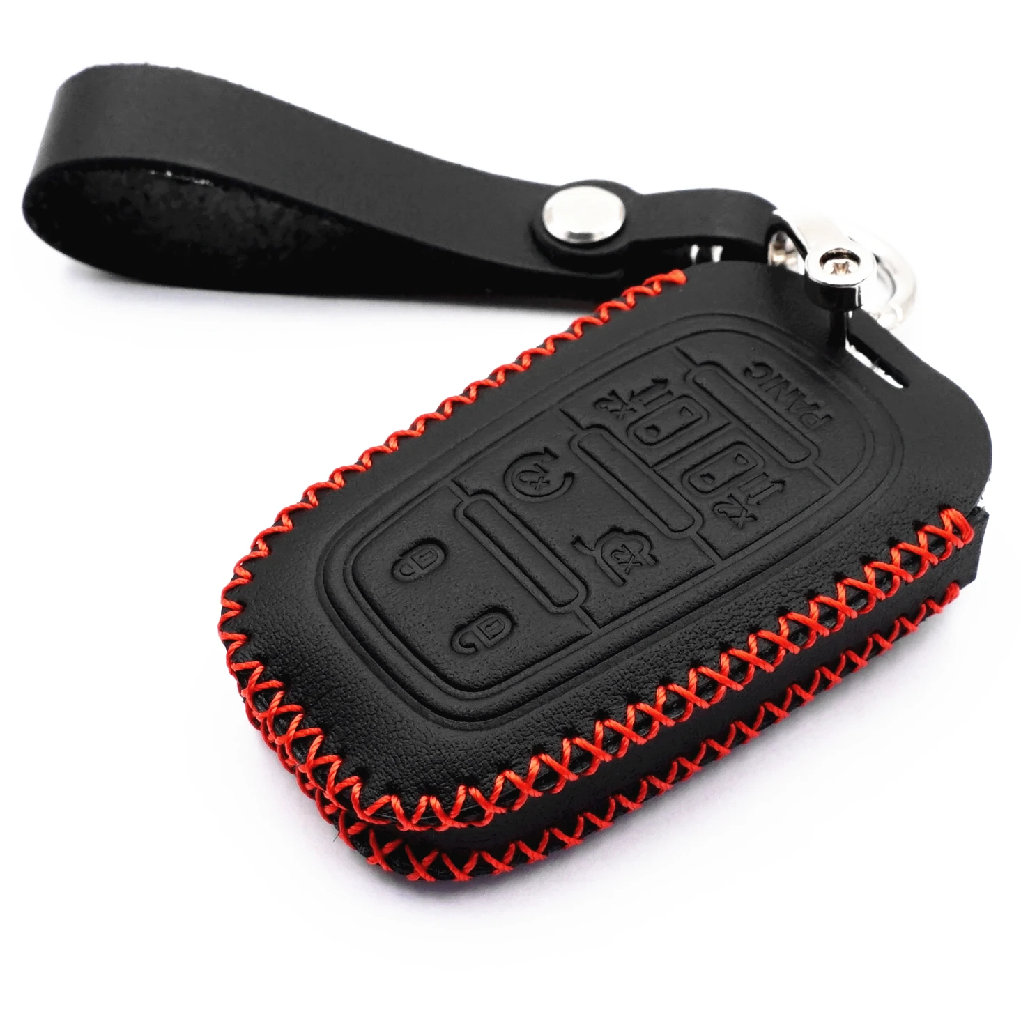 WFMJ Black Leather Smart Remote Key Fob case Cover for Chrysler 2017 2018 2019 2020 2021 Pacifica 2020 2021 Voyager (Red stitch)