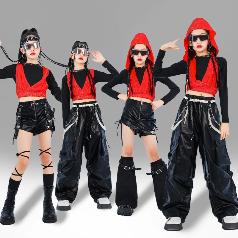 Hip Hop Stage Costume Black And Red Jazz Dance Set Girls Kpop Fashion Clothes Jazz Dancing Show Outfit Shuffle Pants Hoodie 1308