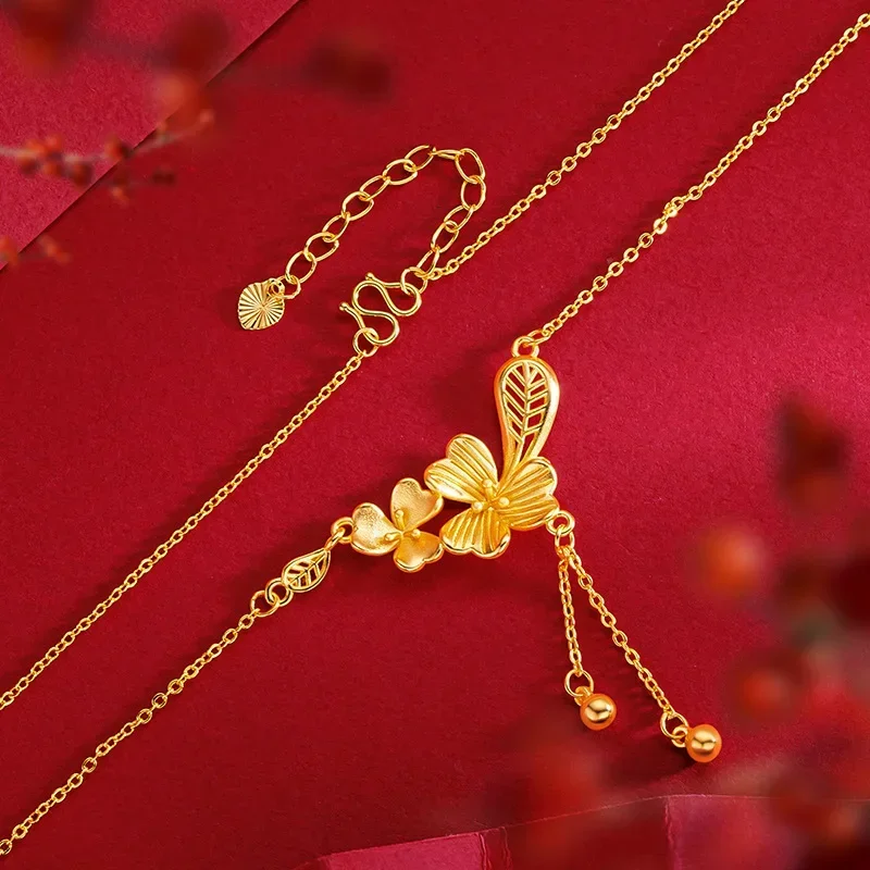 9999 Real Gold 24K New Chinese Wedding Bride Flower Blooming Edge Fixed Gold Raw Set Chain Gold Flower Leaf Necklace