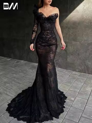 Black Sweetheart Neck Prom Dresses Modern Mermaid Appliques Pearls Evening Dress Eleagnt Formal Gown For Women Customized