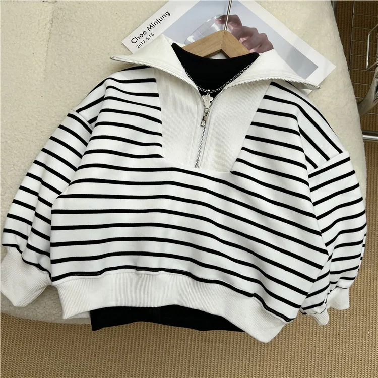 Korean children's clothing autumn children's striped half zip hoodie for boys and girls, loose collared patchwork long sleeved p