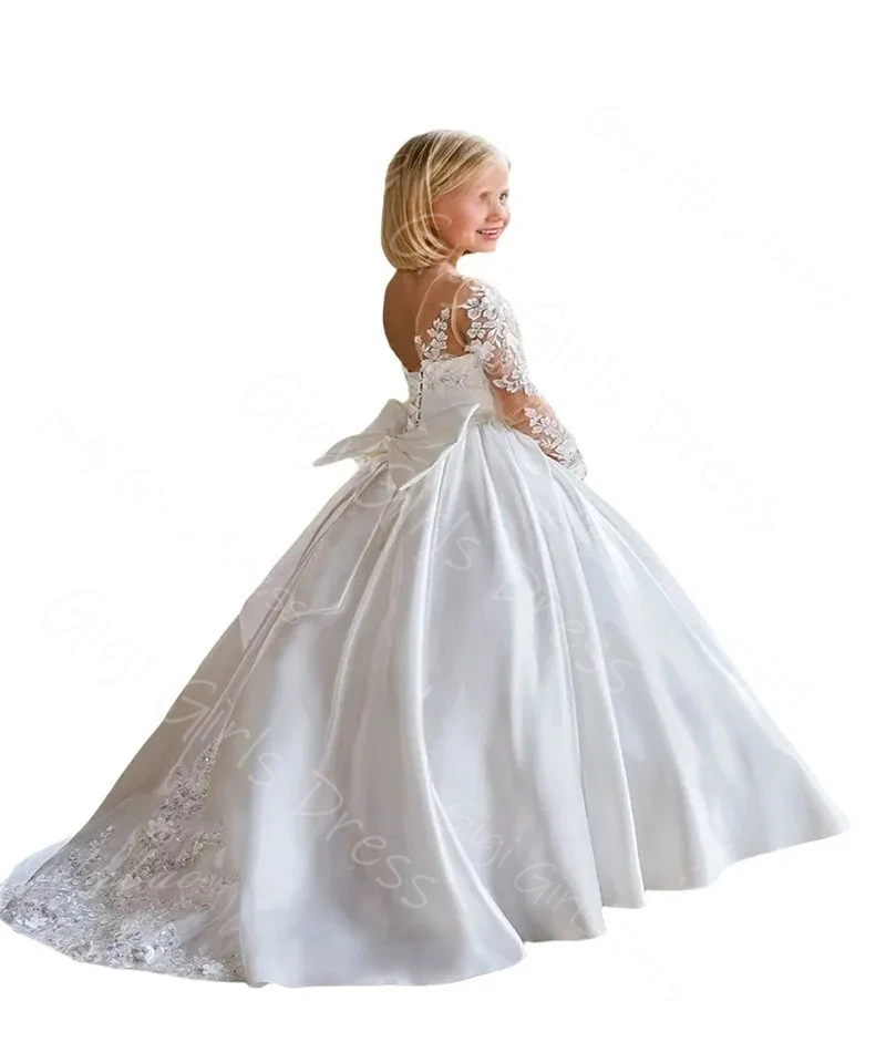 Vestido de fiesta personalizado, vestido de niña de flores para boda, niños, blanco, mangas largas, apliques de encaje, satén, vestido de comunión con lazo