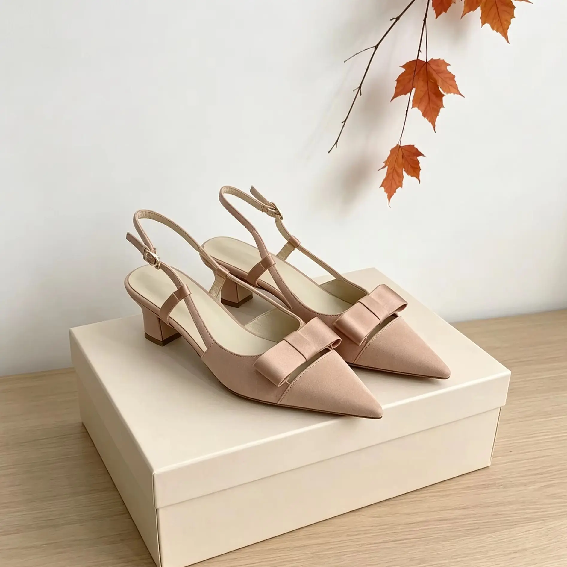 Women's 2026 Nude Satin Pointed Toe Bow Slingback Stiletto Heels Pumps Elegant Wedding Party Daily Ladies Summer Dress Shoes