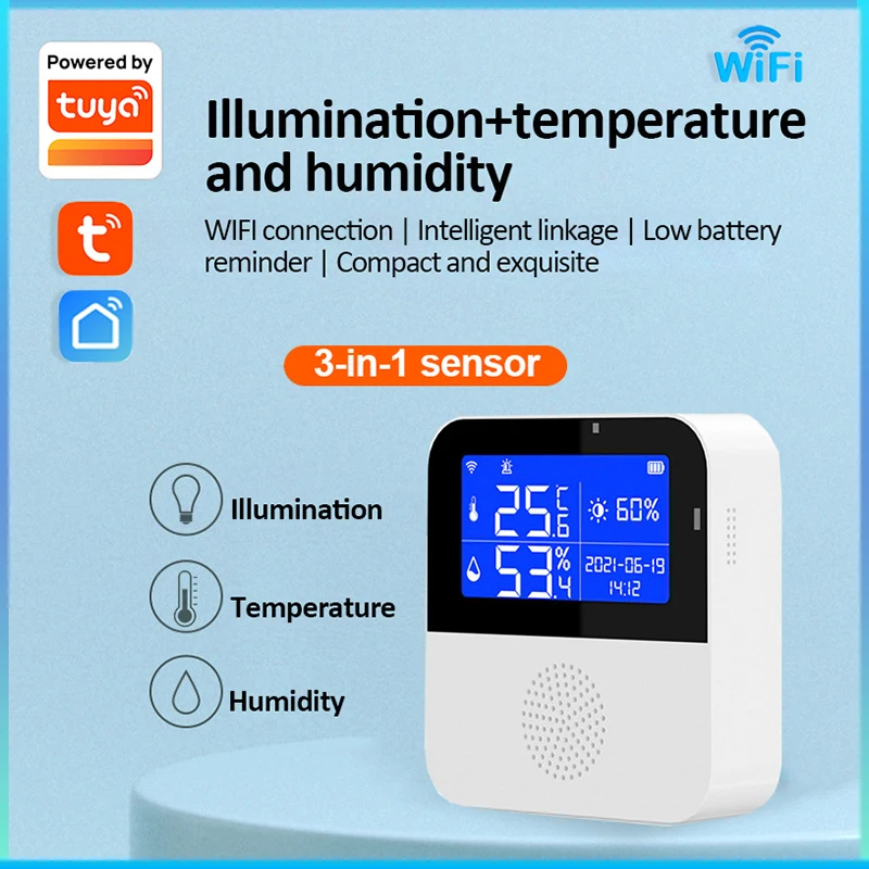 Tuya WIFI Smart 3 in 1 Illumination+Temperature and Humidity Sensor Indoor Hygrometer Thermometer Remote Control Support Alexa