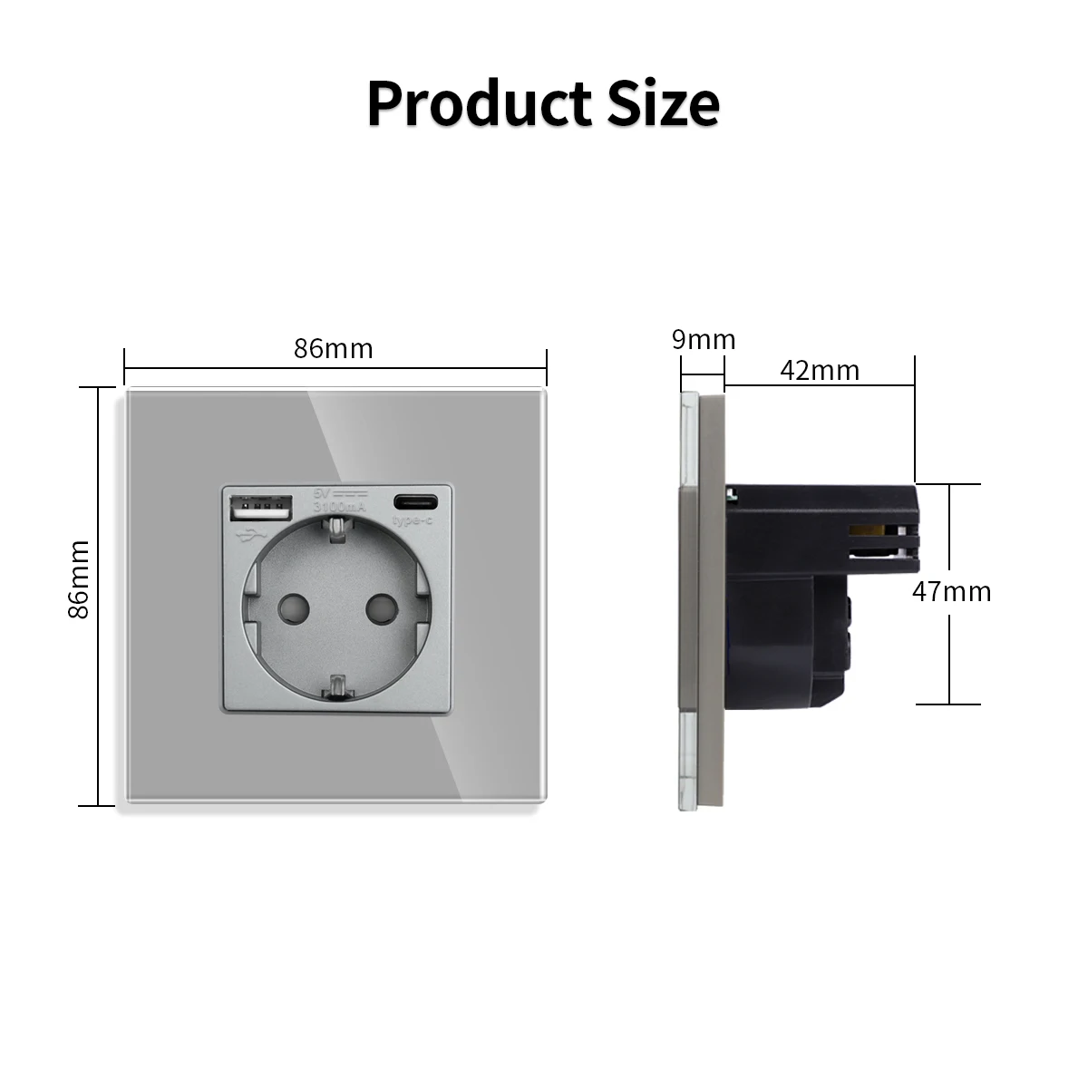 DAJIMEI EU Socket with USB Type C Fast Charging Light Touch Switch and Socket Grey Crystal Glass Panel Plug Electrical Outlet