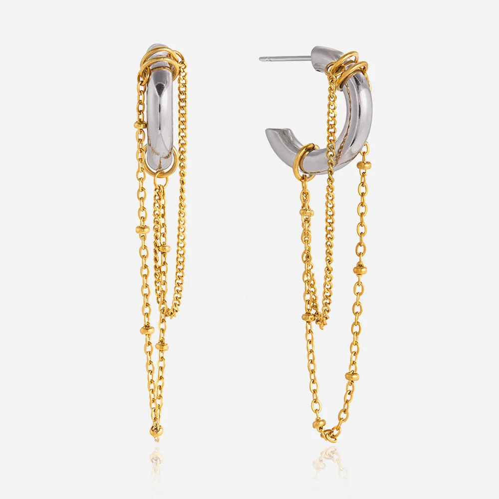 PVD Stainless Steel Two-tone C-shape Huggie Ear Hoops Mix Color Long Metal Chain Dangle Earrings Unusual Jewelry Hypoallergenic