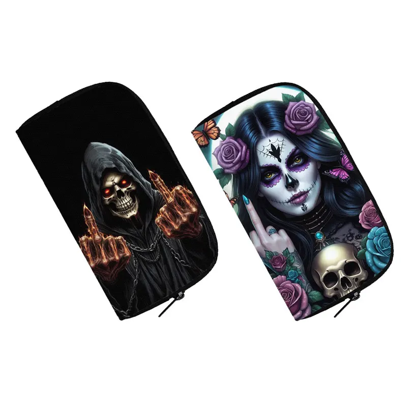 Funny Grim Reaper Skull Middle Finger Pattern Wallet Coin Purse Key Credit Card Earphone Holder Money Bag Long Wallets Gift