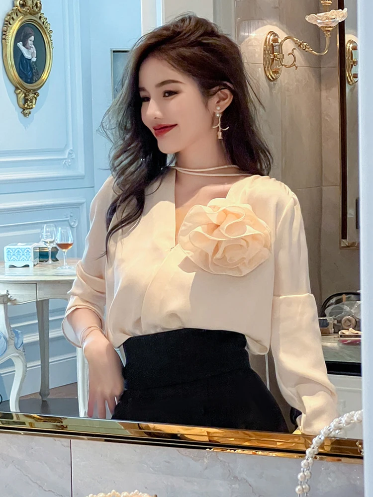 Spring Summer Elegant Clothes for Women Sweet Korean Satin Shirt Long Sleeve Flower Loose Shirts and Blouses Office Lady Tops