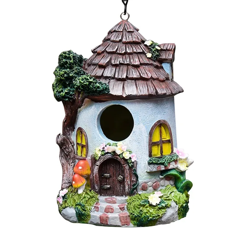 Creative Tree Hanging Bird House Ornament Vivid Resin Craft for Garden Courtyard Landscape Layout
