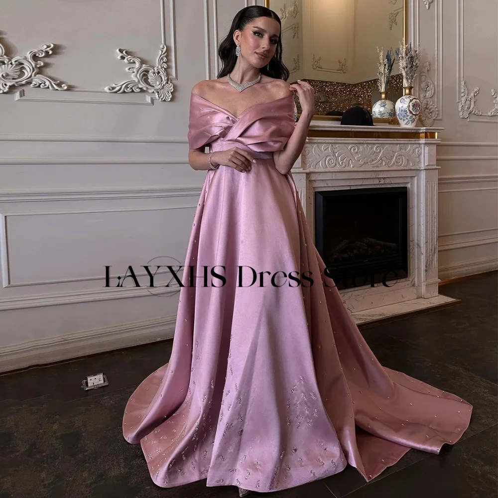 LAYXHS Squisiti abiti da sera con spalle scoperte Abito da ballo rosa a-line con strascico di corte con perline Abito personalizzato