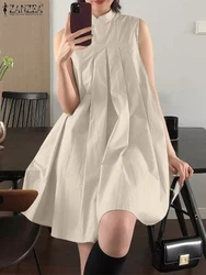 ZANZEA 2024 New Chinese Dresses Women Solid Pleating Sundress Vintage Mandarin Collar Robe Fashion Sleeveless A-line Vestidos